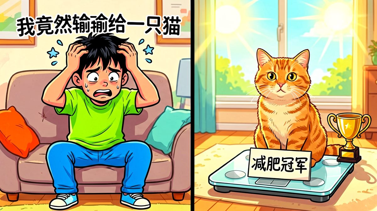 最终结局：小明认命了，而橘猫喜提'家中减肥冠军'称号，还发了奖杯。