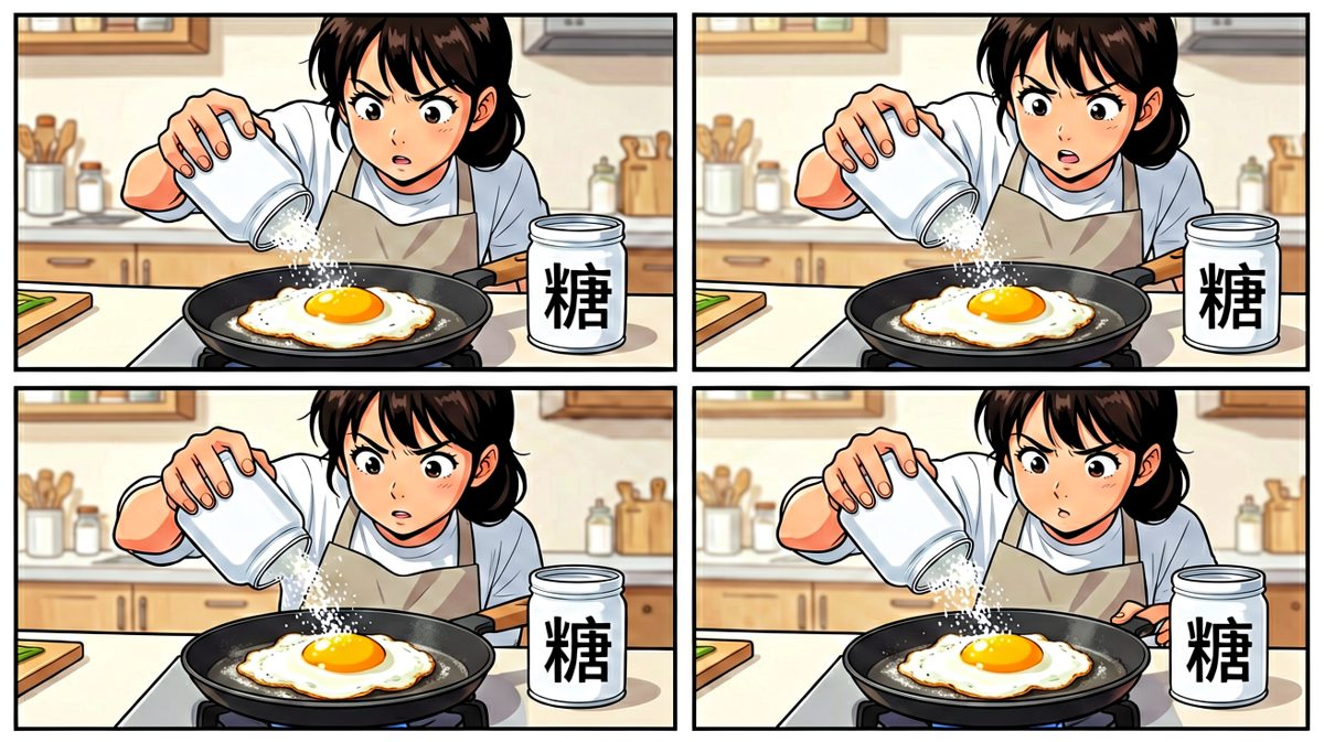 第2格：加点调料……这个白色罐子肯定是糖没错！