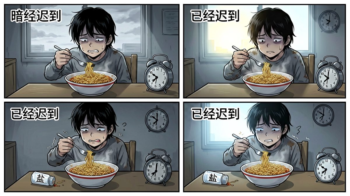 第4格：算了，泡面也是面，迟到也是命……
