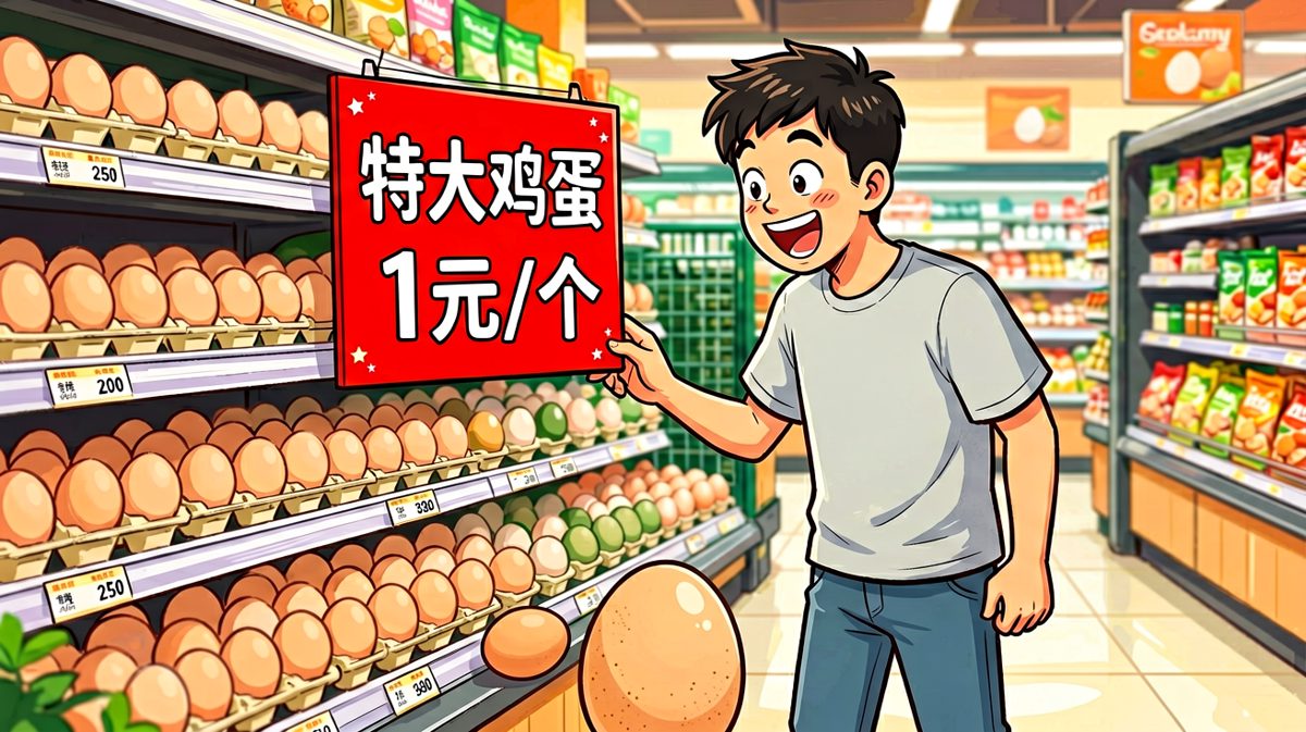 小明看到特价鸡蛋眼睛都亮了