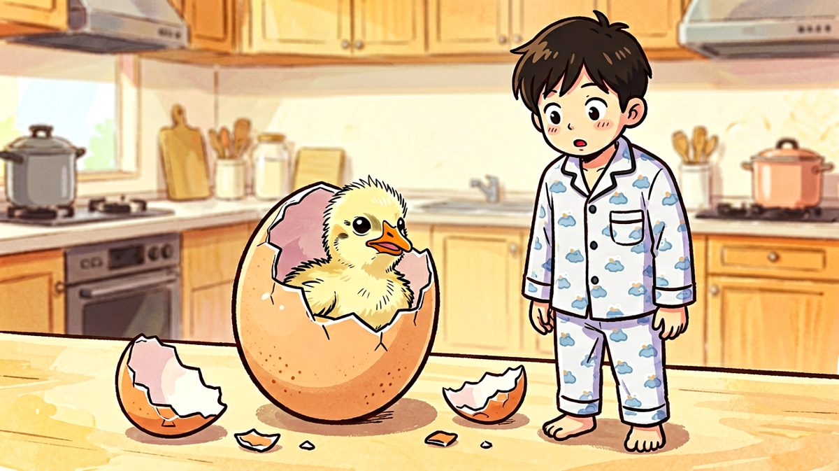 回到家，鸡蛋孵出了一只小鸵鸟……