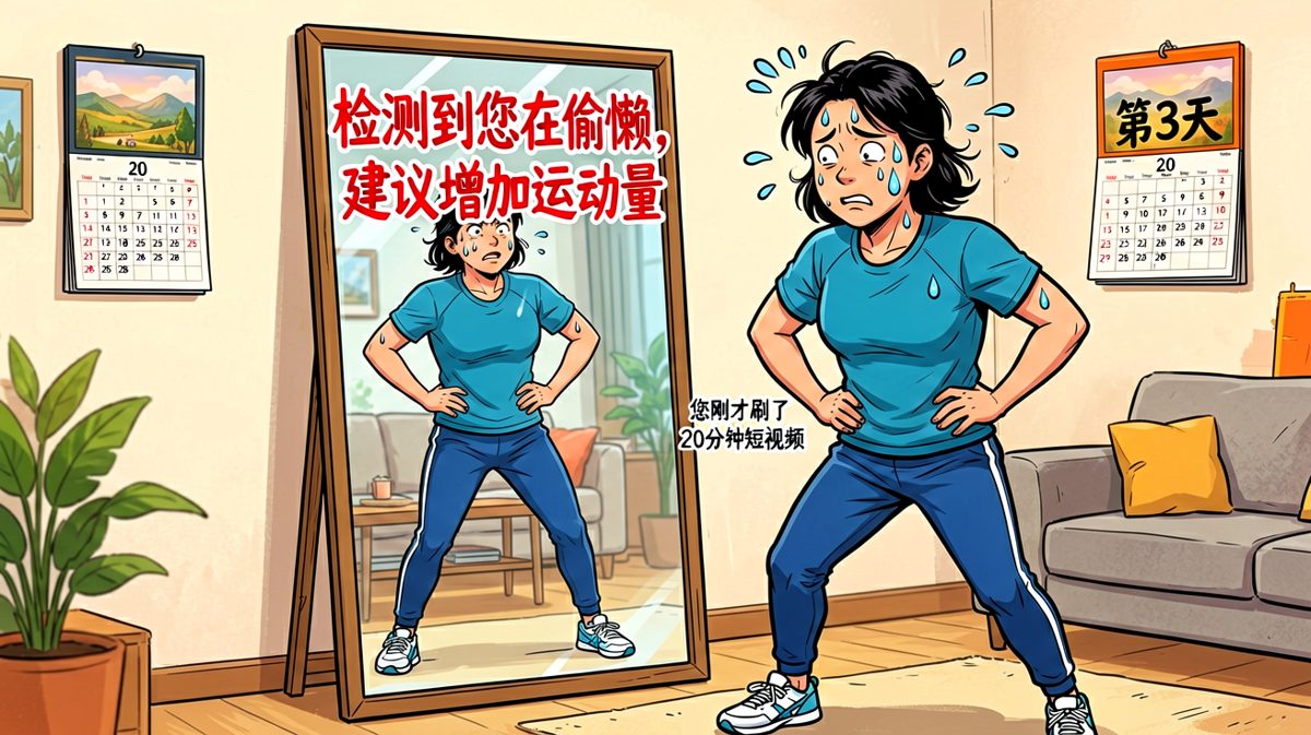 主角正在努力运动，镜子却无情揭穿他之前刷短视频的事实。