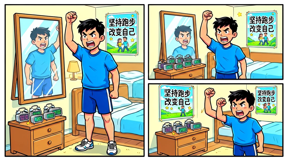 第一天：信心满满地对着镜子宣誓要开始跑步。