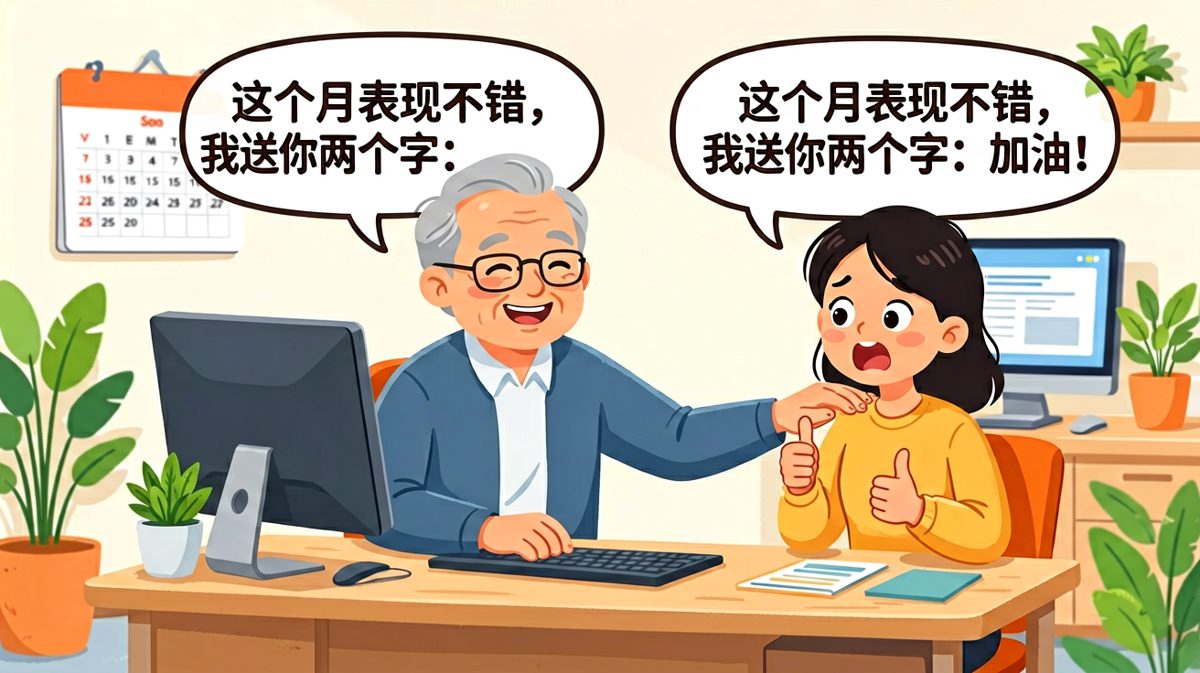老板说"送你两个字"，员工激动以为要涨薪，结果就"加油"，期待拉满后瞬间落空。
