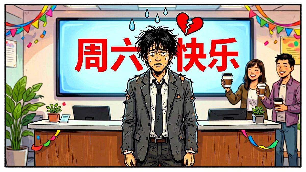 主角气喘吁吁赶到公司，才发现今天是周六——闹钟白设了。