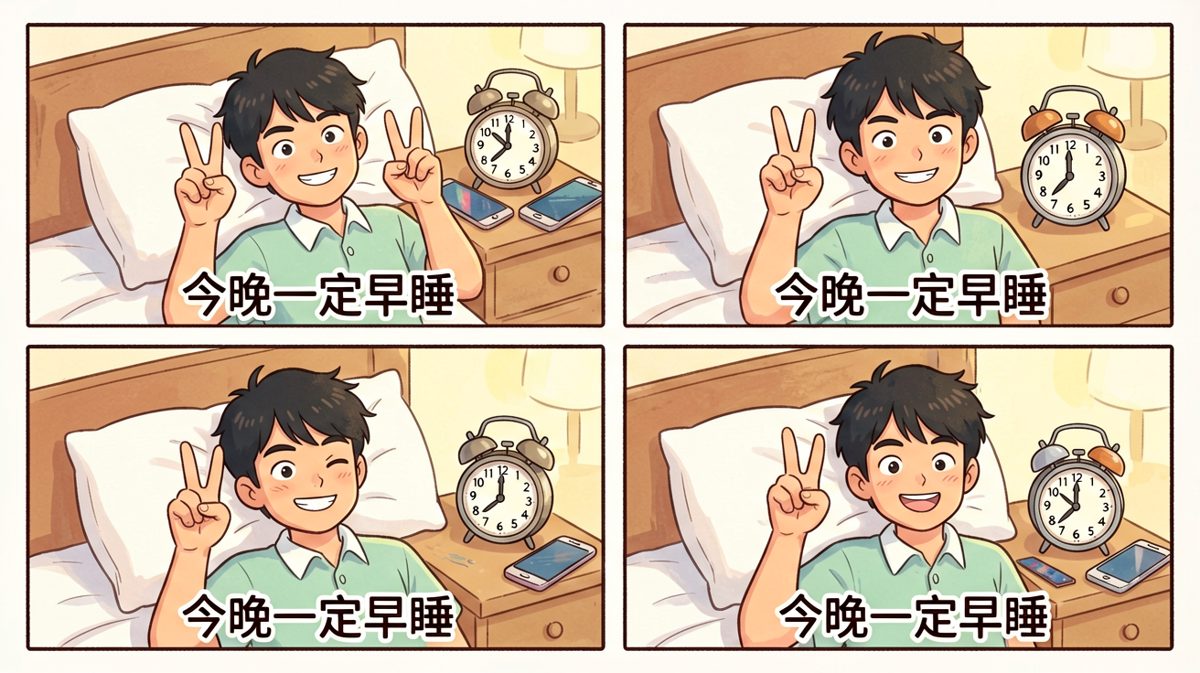 深夜发誓，清晨后悔——设定六个闹钟准备迎接美好的一天。