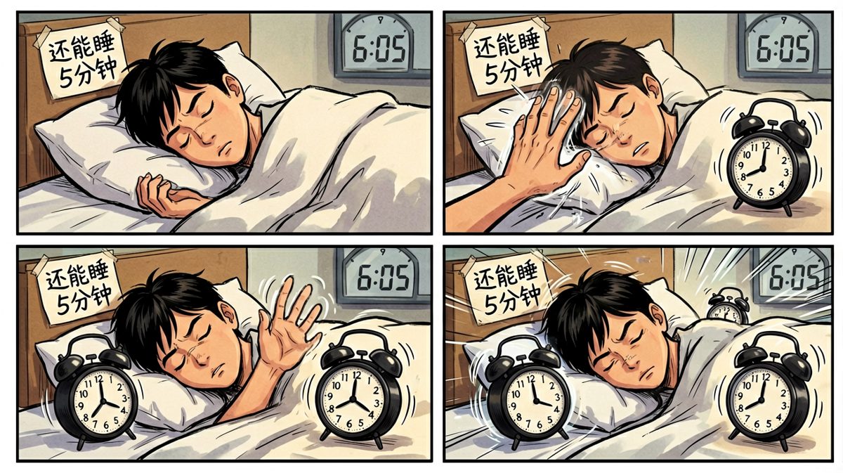 第一个闹钟响了，果断拍掉——反正还有五个呢。