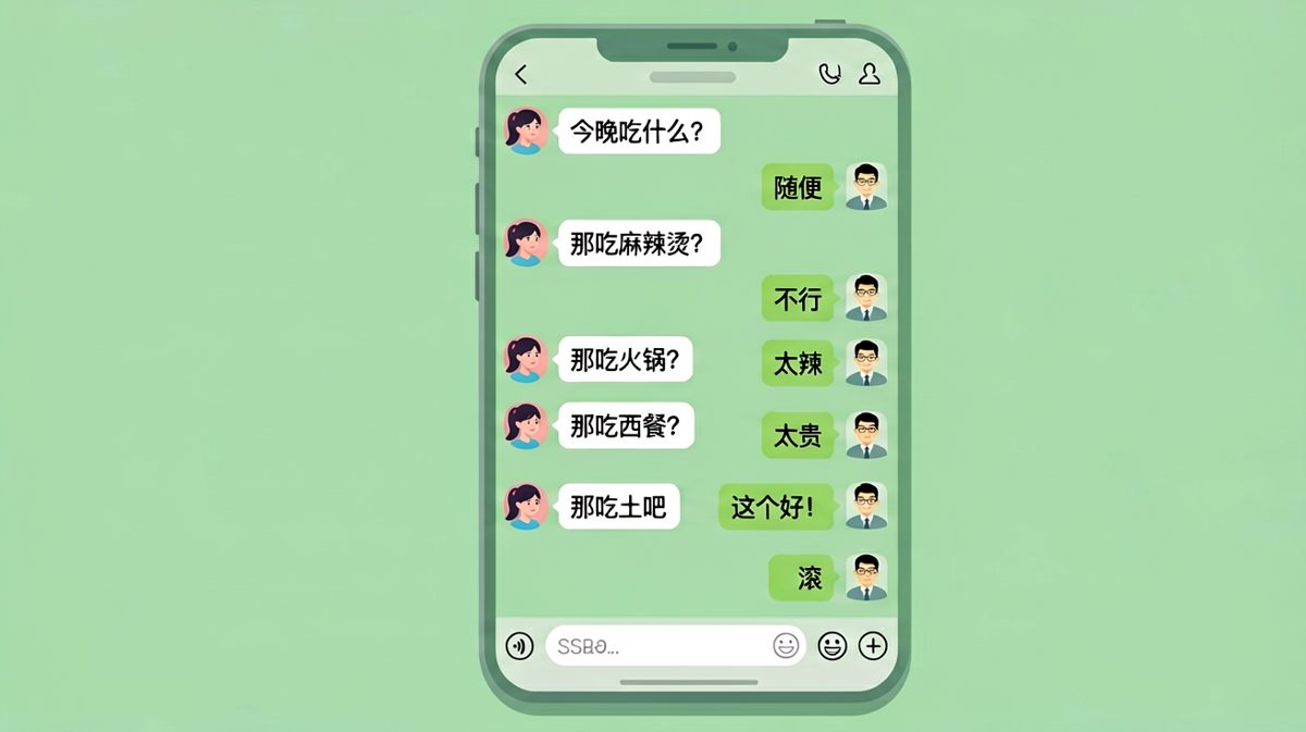 男生用「吃土」完美接住女生的「随便」套路，结果女生反手一个「滚」。