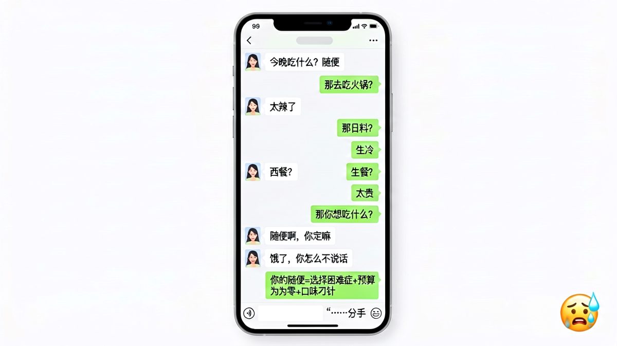 "随便两个字，是情侣对话中最危险的陷阱"