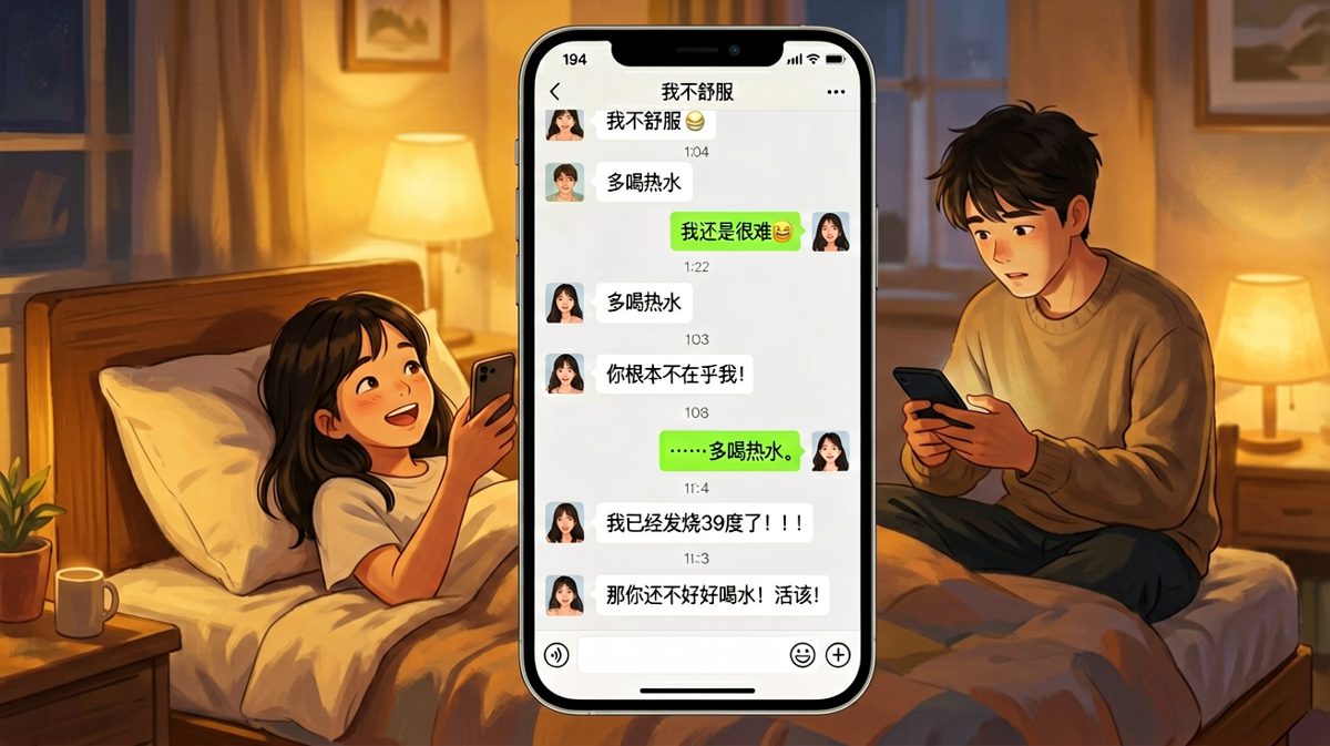 男生把「多喝热水」当成了万能回复，直到女生真的发烧了还在坚持。