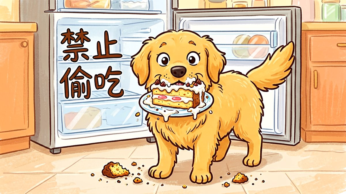 狗：我没有！是蛋糕自己跳进我嘴里的