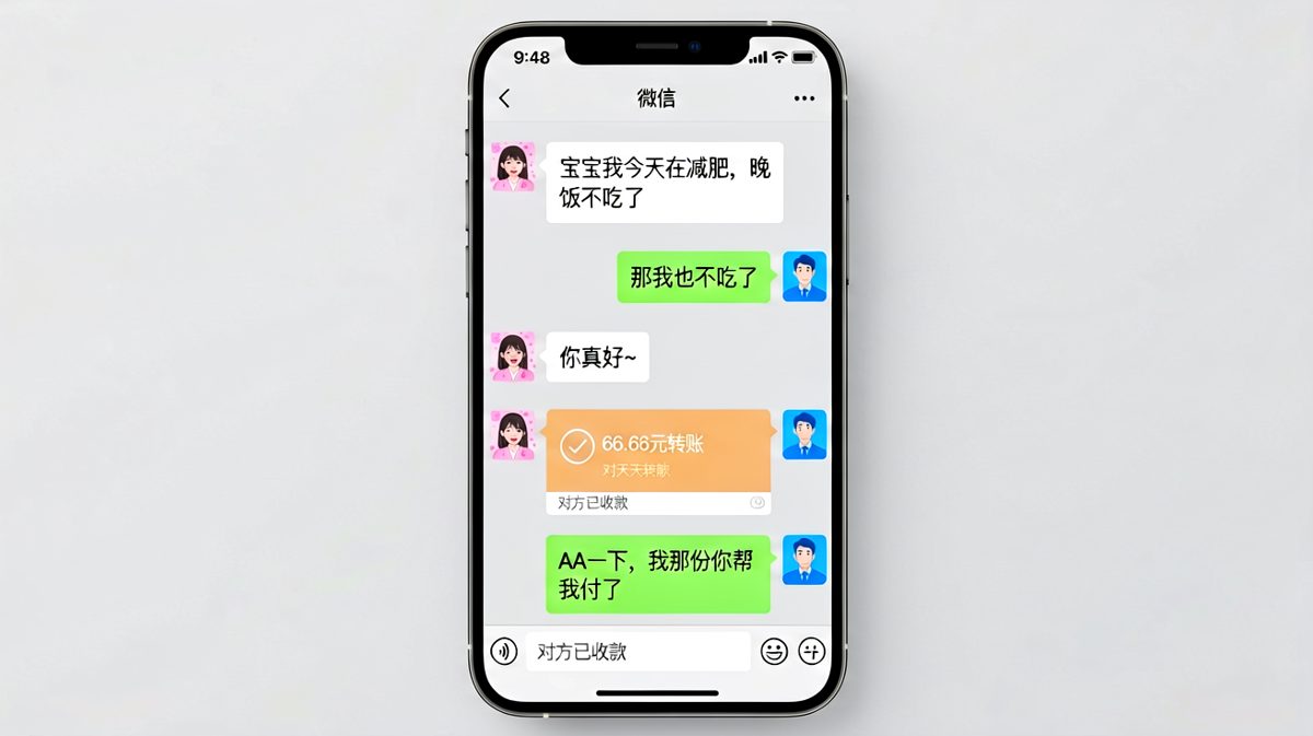 男生假装一起减肥，结果转来66.66元AA晚餐费用