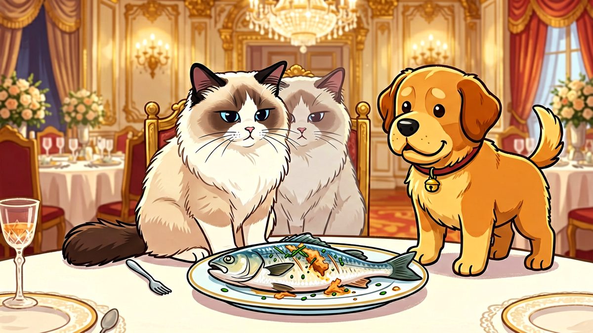 汪星人：这是我花了三个月工资买的三文鱼！猫：你坐我下面
