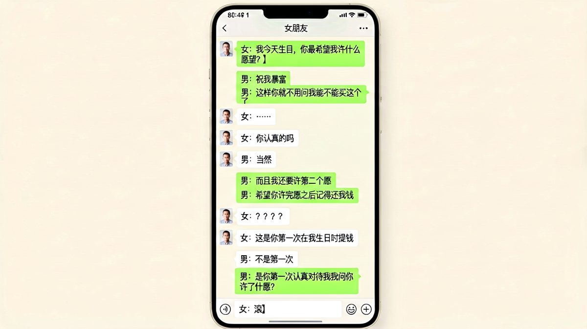 男友生日祝福全是钱，结果反被女友一句'滚'精准反击