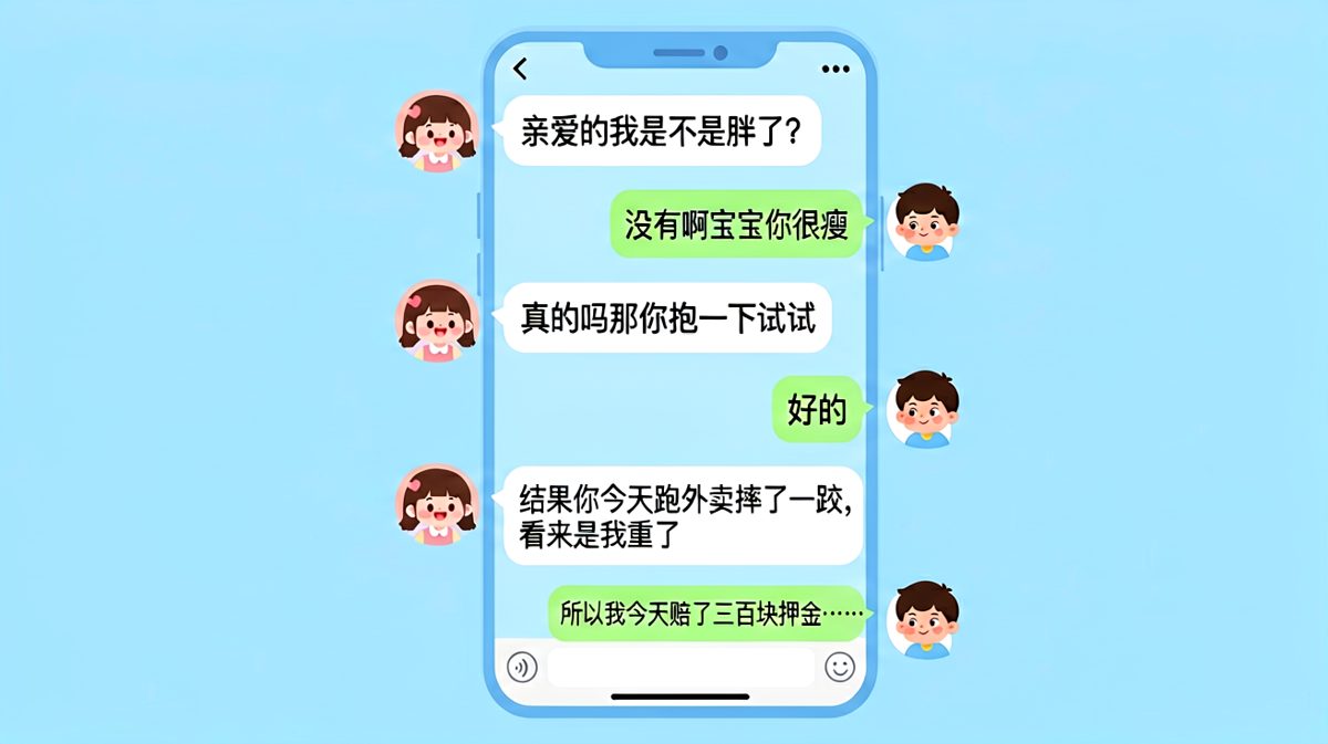 女生问胖不胖，结果以男生赔钱收尾的反转剧情。