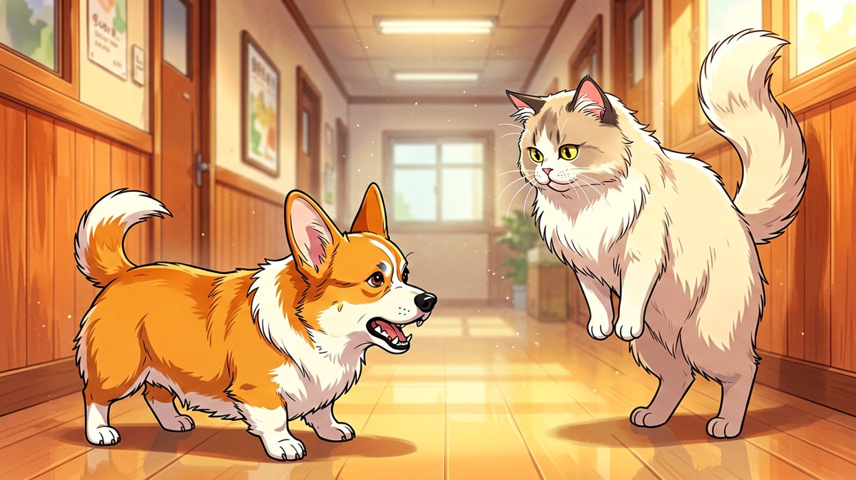 狗：让开，这个家现在是朕的。猫：呵，愚蠢的两脚兽。