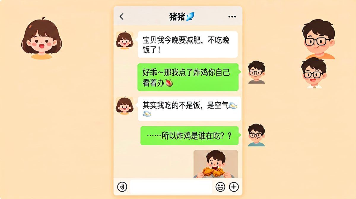 男朋友嘴上喊减肥，手上却在啃炸鸡还自称吃的是空气