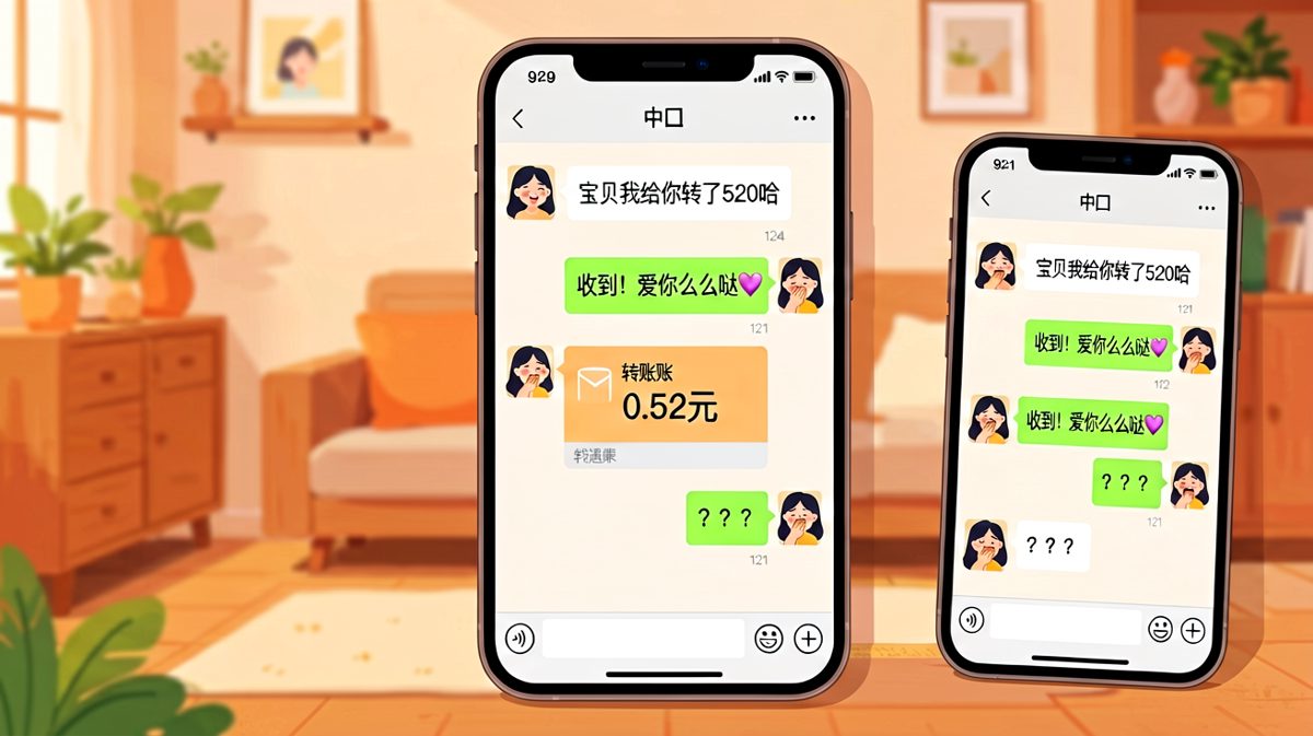 男友声称转了520，截图显示实际只转了5毛2，女友偷笑画面。