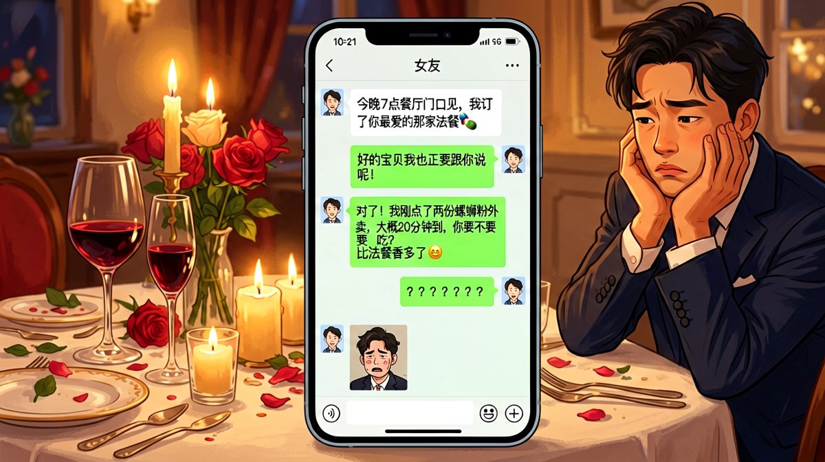 男生精心策划浪漫法餐约会，女生却惦记着螺蛳粉外卖的反差名场面。