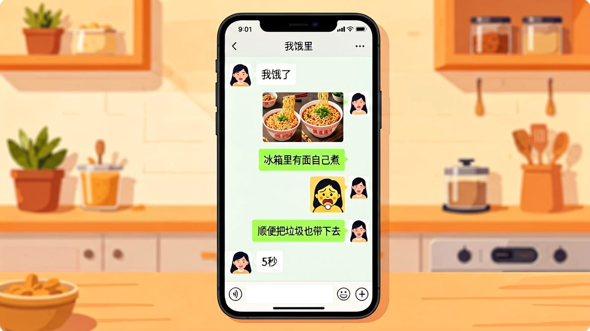 女生说饿了，男生全程在教她做饭还让她扔垃圾