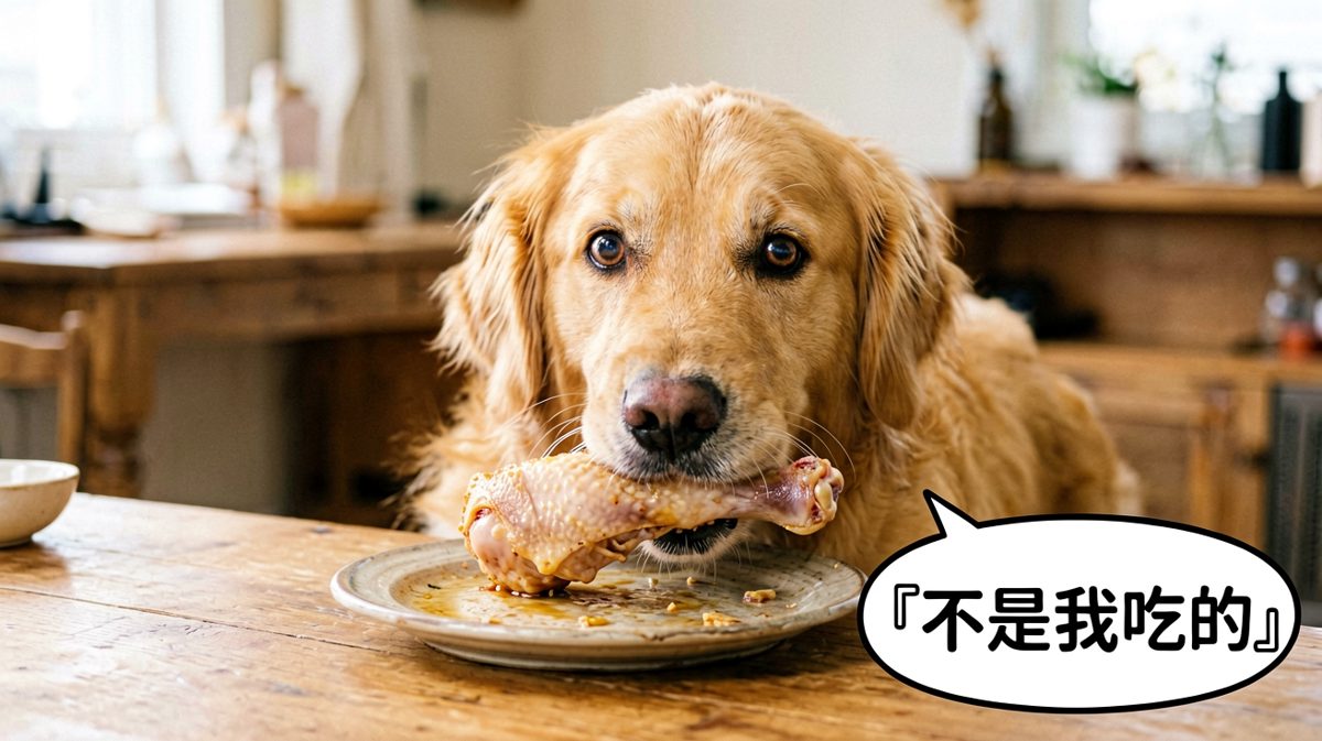 狗狗偷食被抓包后的无辜表演