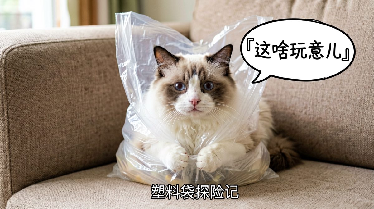 猫咪被困塑料袋的困惑表情