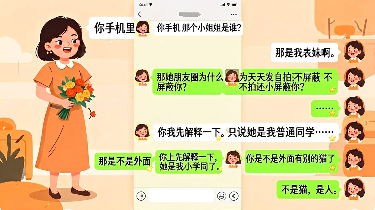 表妹风波：女生质问男生和表妹的关系，男生解释越描越黑，最后被迫承认'是人不是猫'。