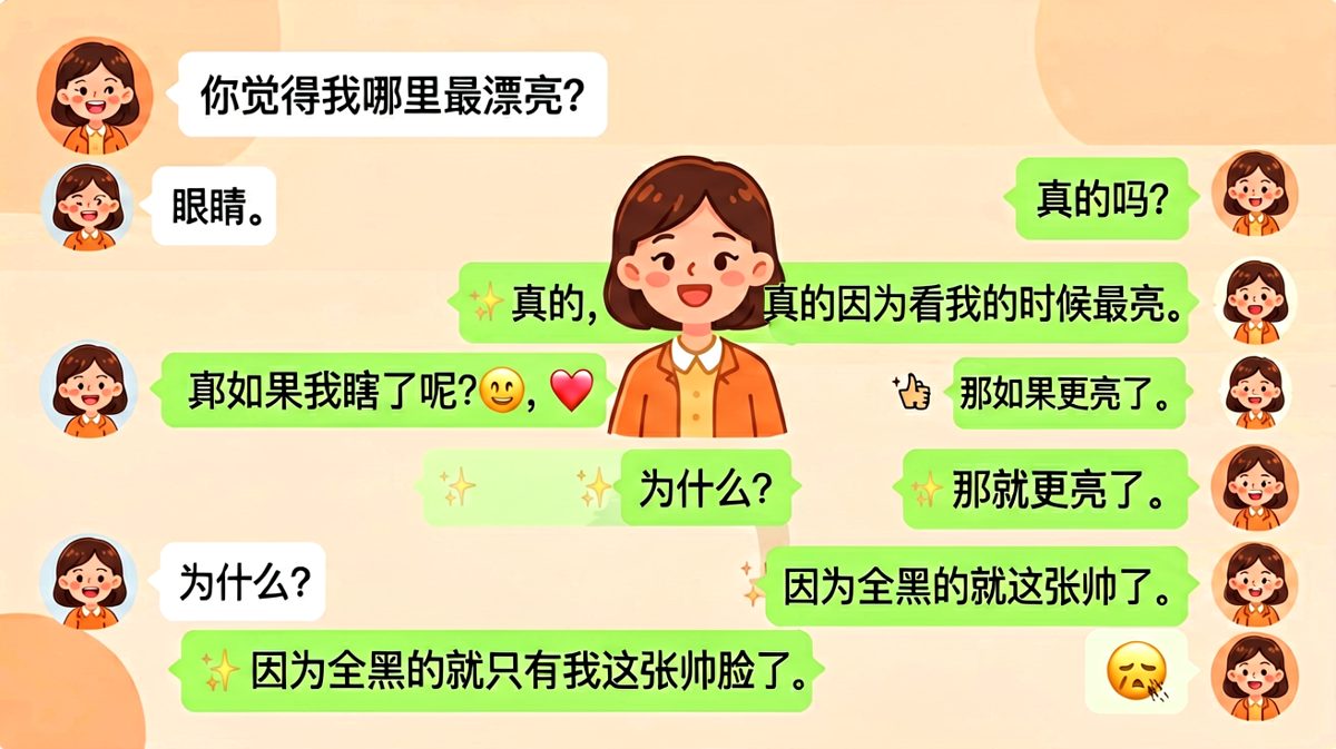 自恋满分：女生问哪里最漂亮，男生从夸眼睛到夸自己帅脸的极限反转，成功被拉黑。