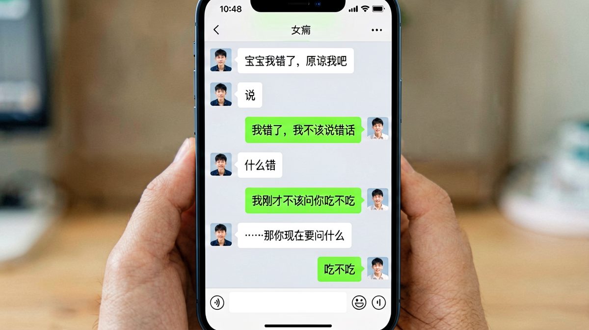 男生认错认了半天，最后还是在问'吃不吃'