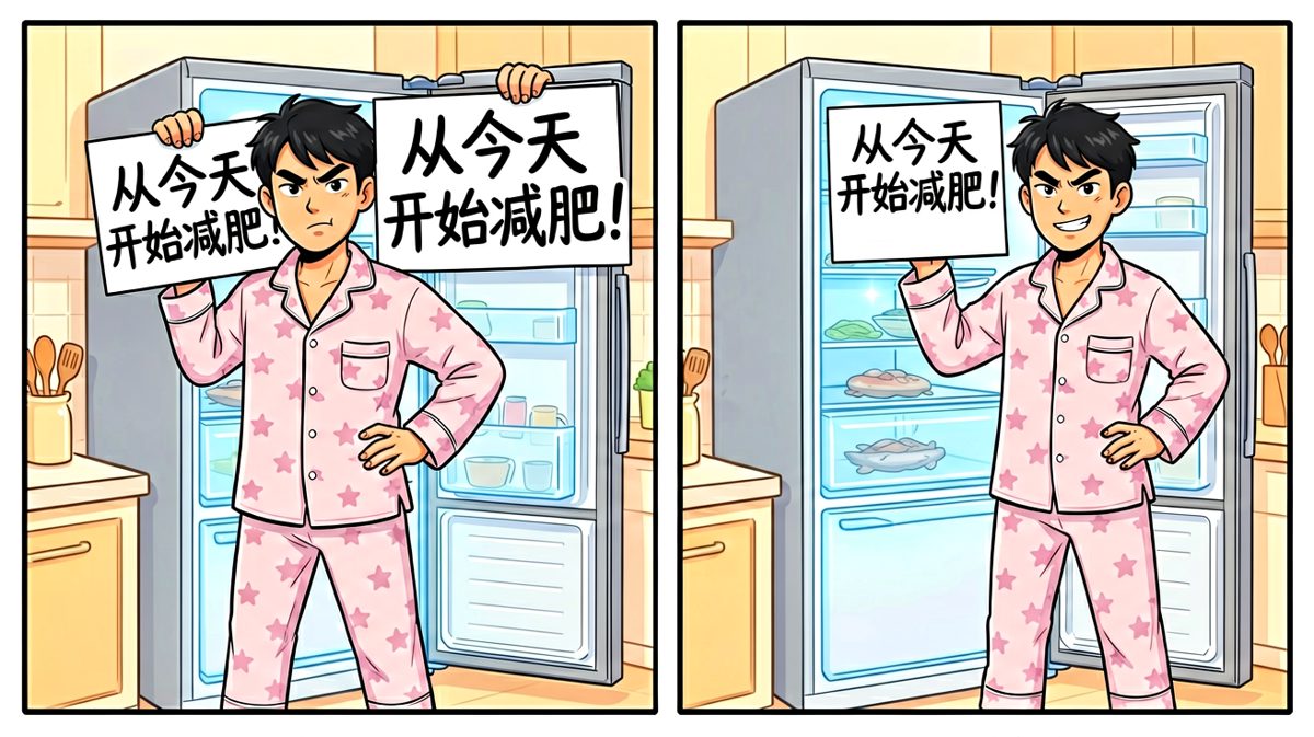 主角立下减肥誓言，斗志昂扬。