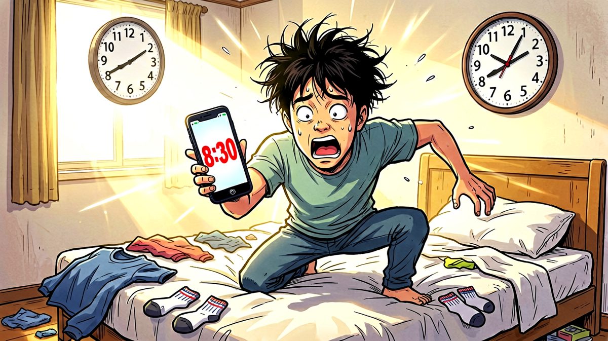 第二格：惊醒一看，已经迟到半小时