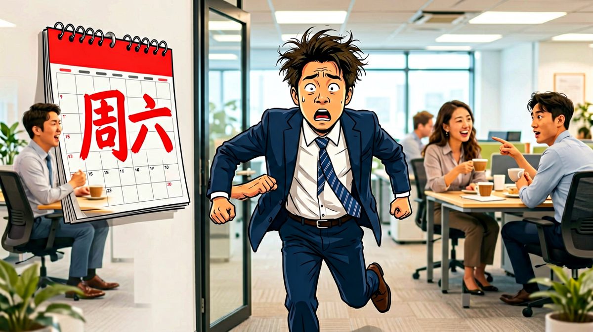 第四格：到达公司，发现今天是周末