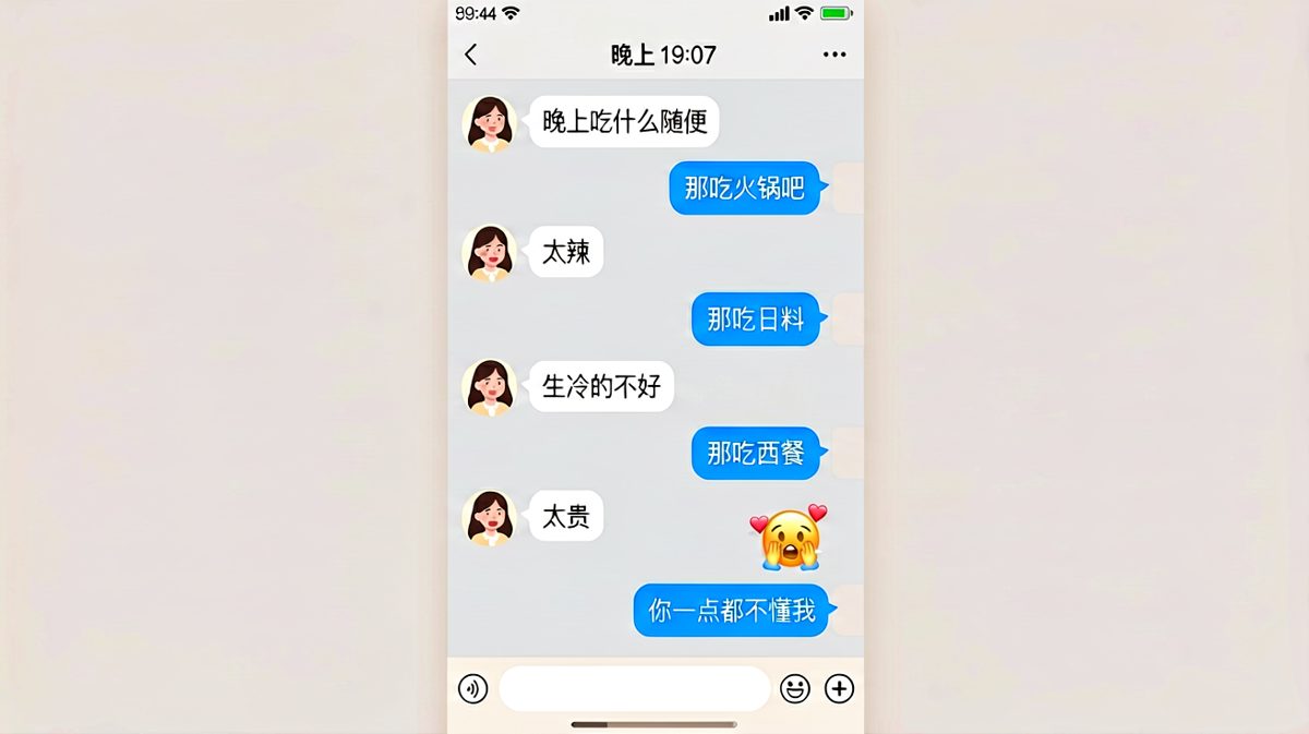 '随便'是两个字的最高境界，男生的求生欲全程在线却满盘皆输。