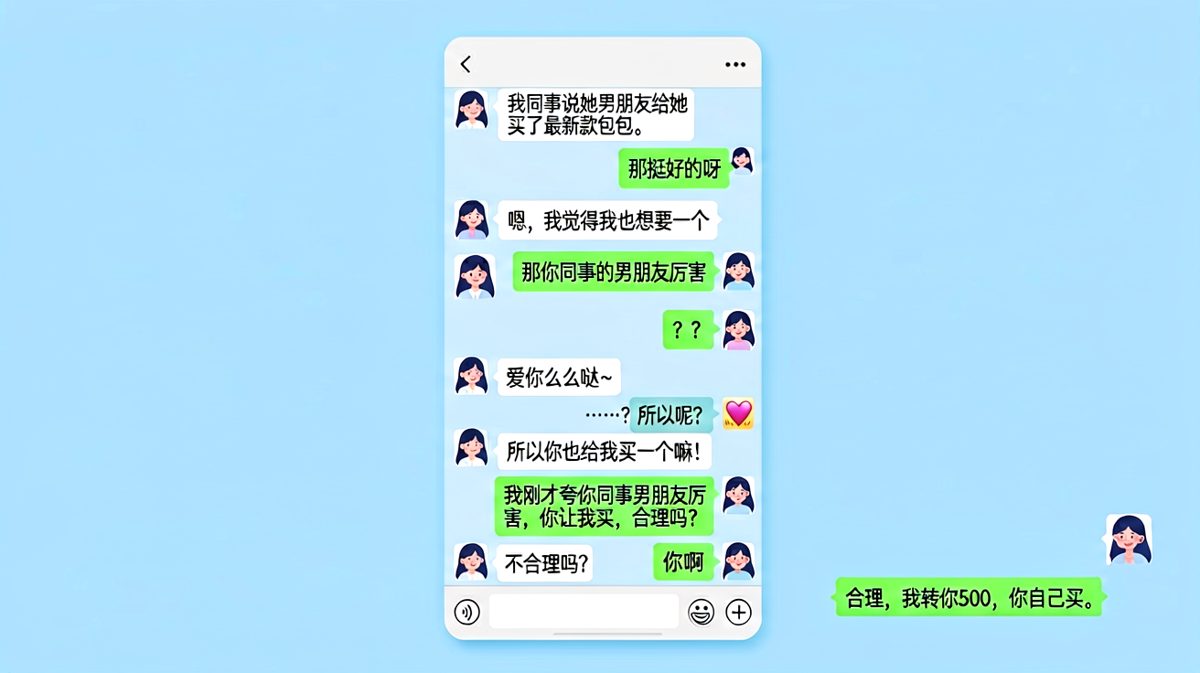 女生借同事男友铺垫要包包，男生反手转账500，教科书级直男操作