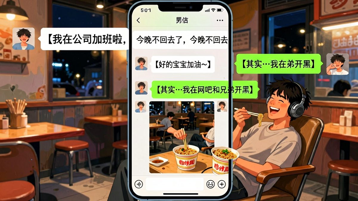 男生假装加班其实在网吧开黑，被发现后坦然承认的反差萌。