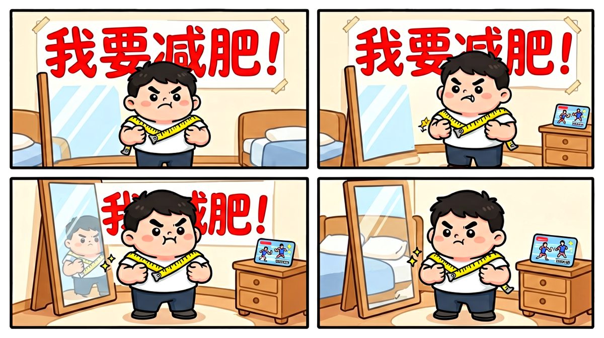 小明立下减肥誓言，眼神充满决心。