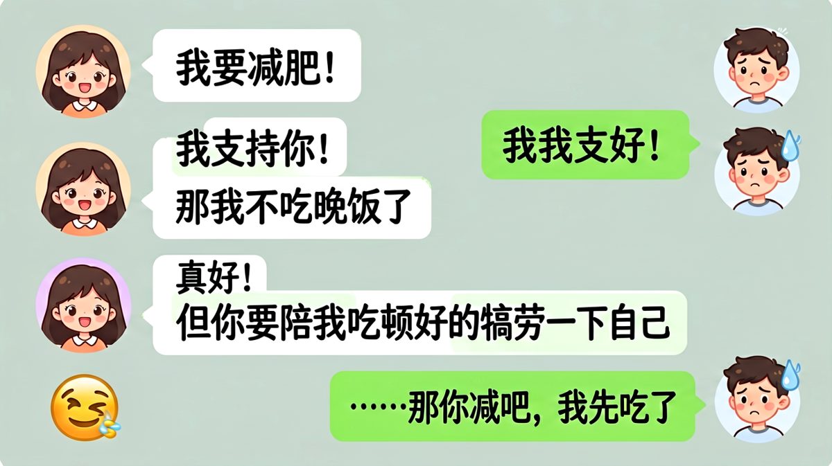 女生说要减肥，结果让男生犒劳自己，逻辑满分。