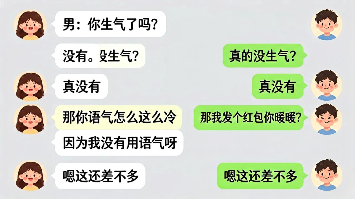 女生说没生气但语气超冷，最后靠红包解决。