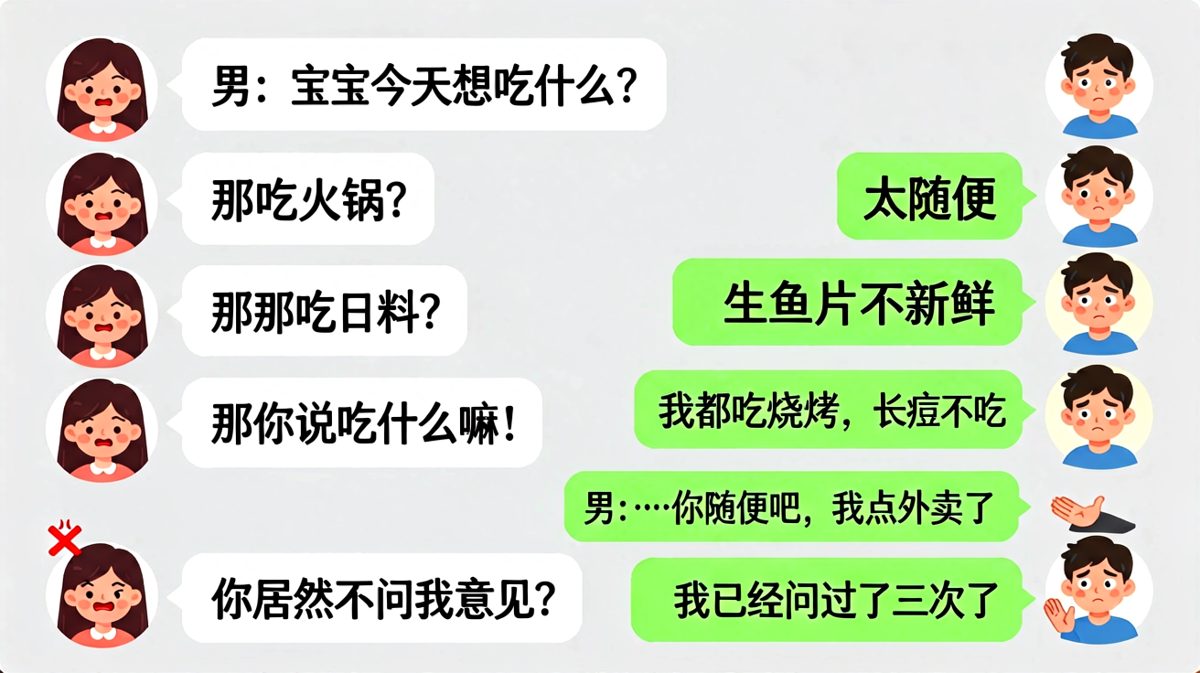 随便两字是情侣间最大的坑，问三次还是踩雷。