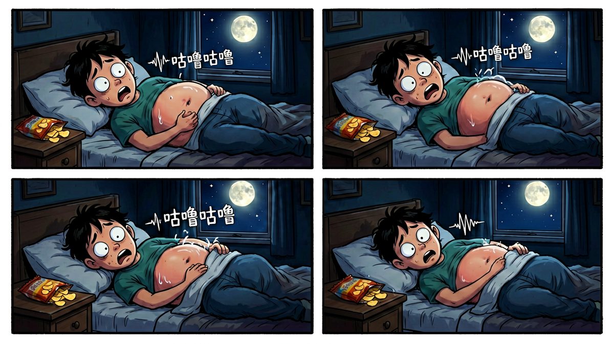 深夜饿得睡不着，内心激烈挣扎。