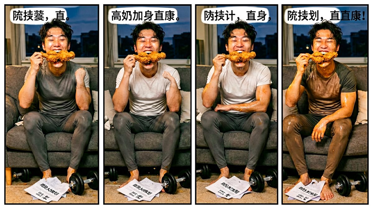 第4格：吃饱了才有力气减肥嘛！（明天再说）