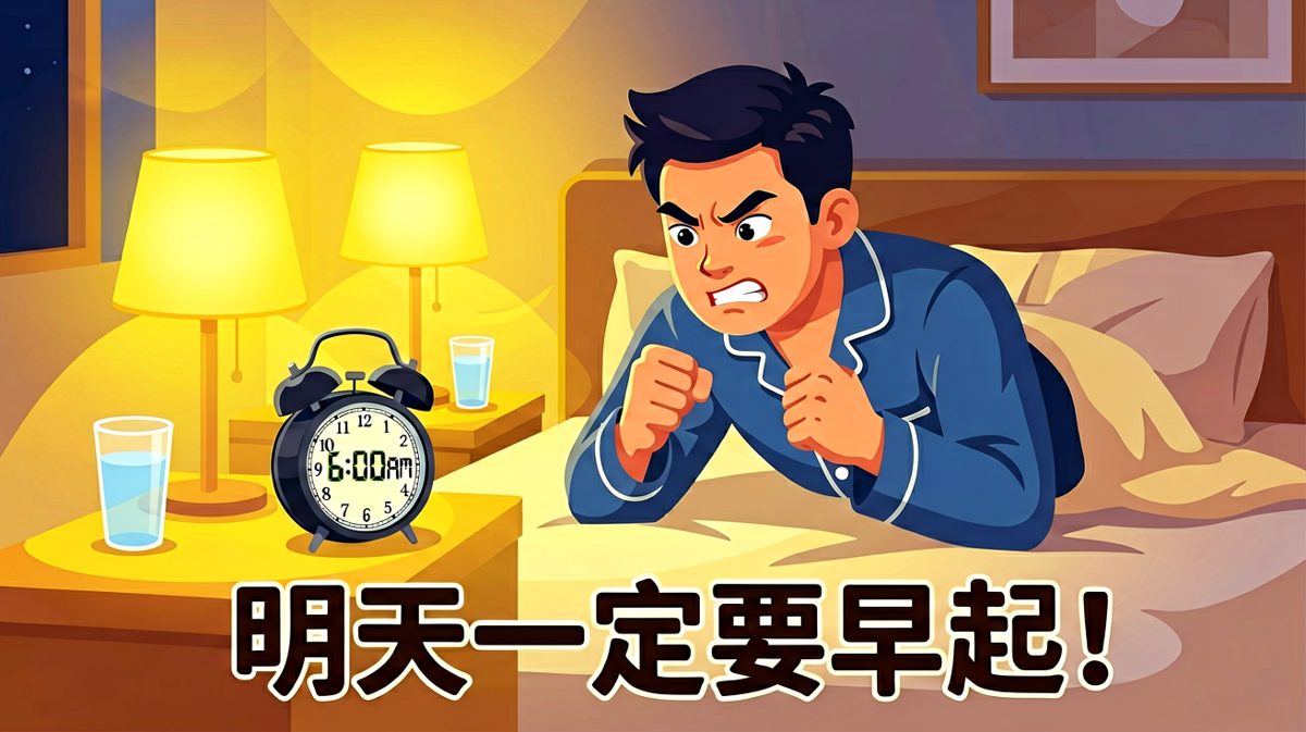 立 flag 的夜晚，主角信心满满发誓明天一定要早起。