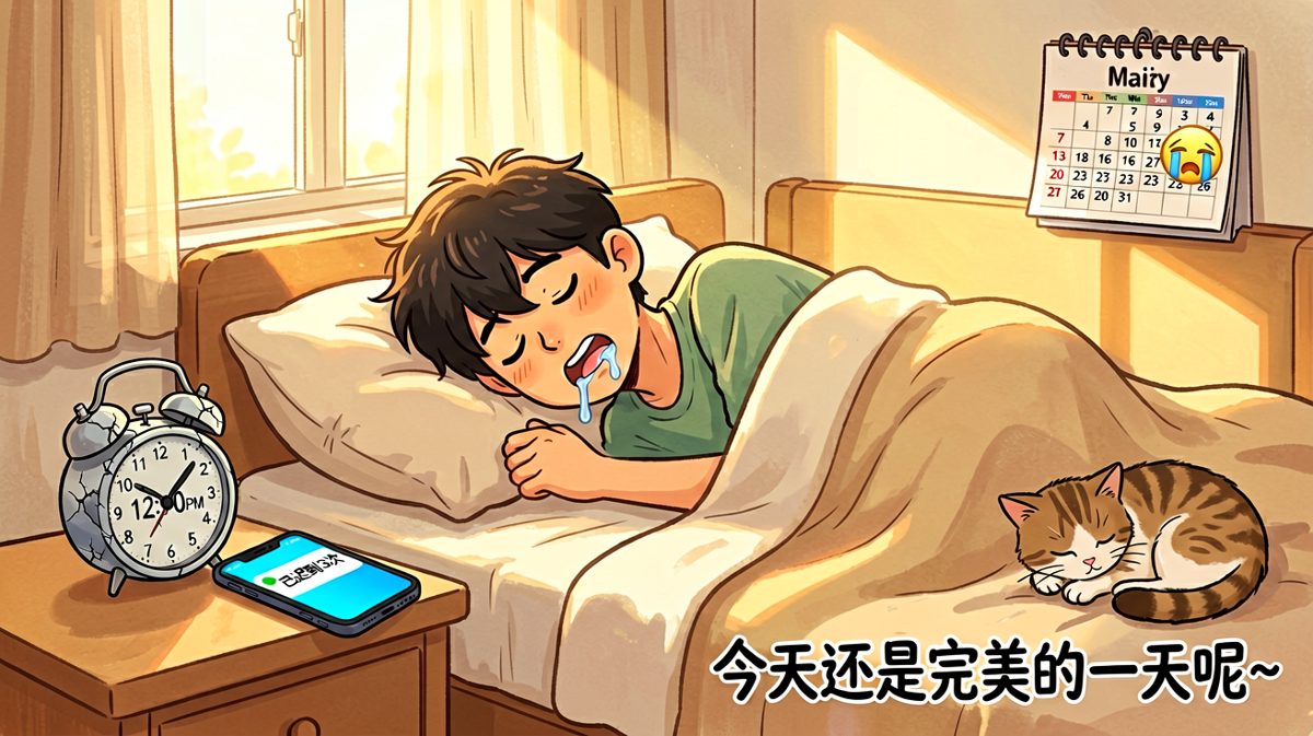 结果一觉睡到中午，闹钟坏了也照样迟到，生活依旧'完美'。