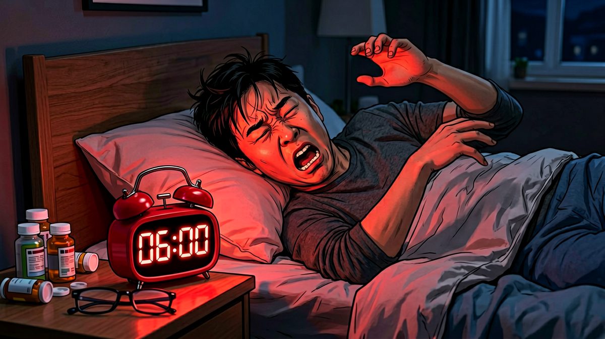 闹钟准时响起，主角从噩梦中惊醒，表情比被鬼追还惊恐