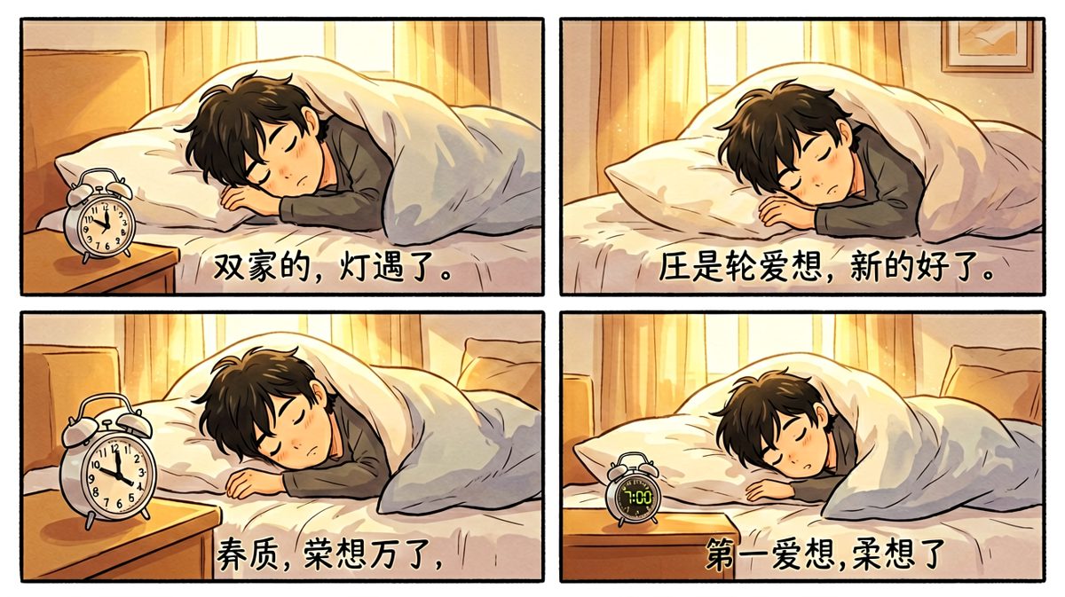 闹钟响起，他还睡得香甜。