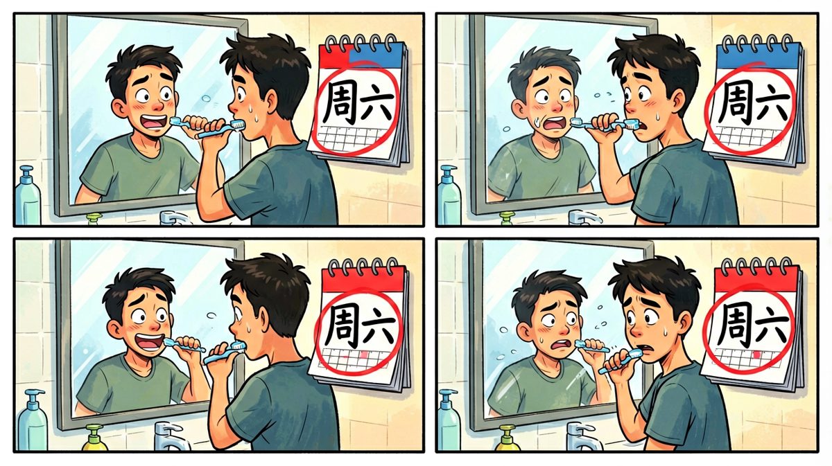 洗漱时余光扫到日历，主角表情开始凝固。