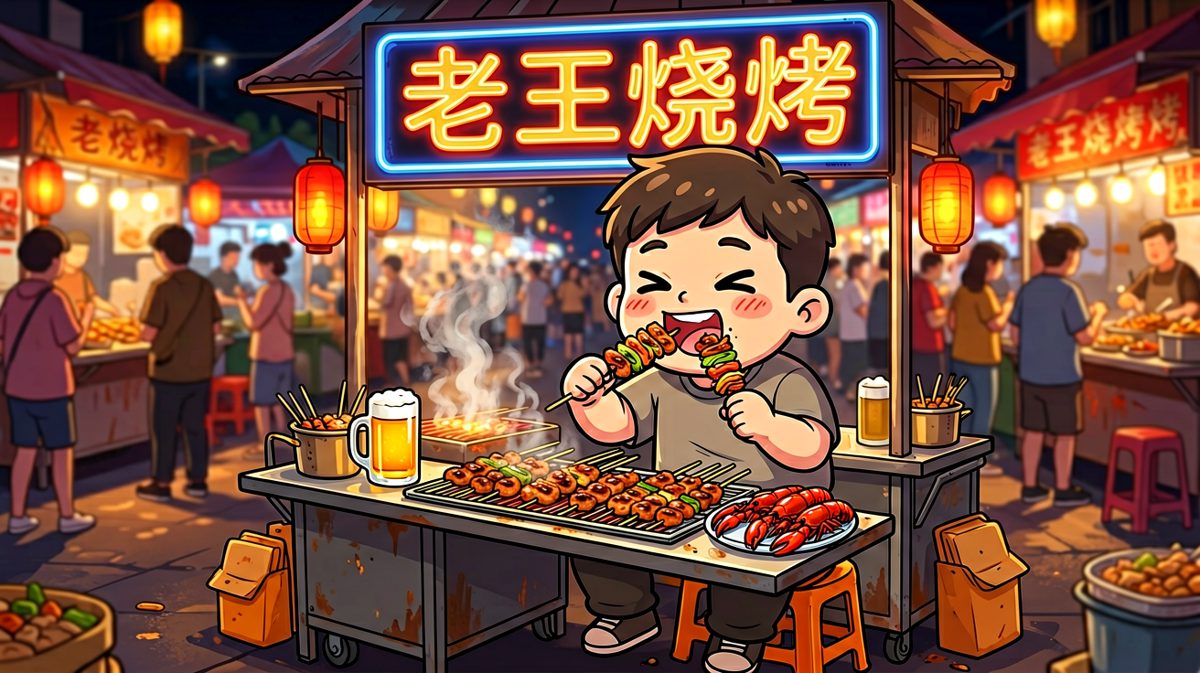 第四格：深夜烧烤摊，flag彻底倒塌，吃得超满足