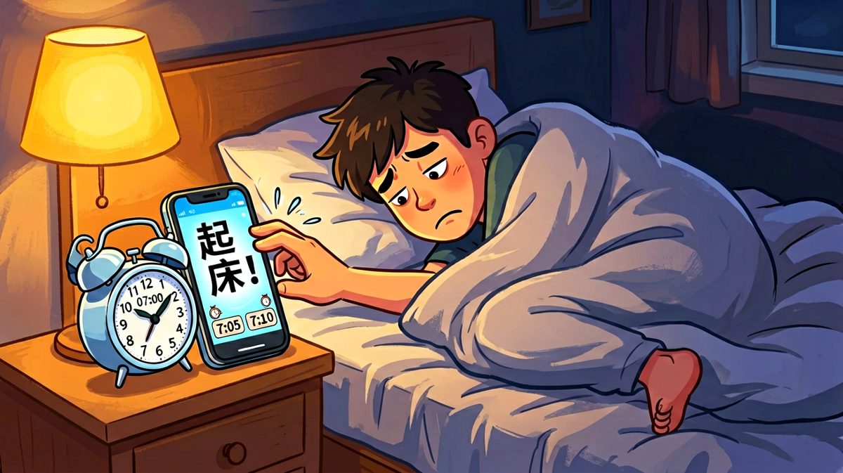 第一声闹钟响起，主角随手拍掉继续睡