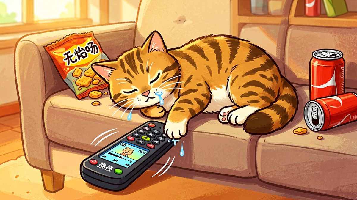 猫：这个会发光的板子一定是我的新玩具，我要守护它一整晚。