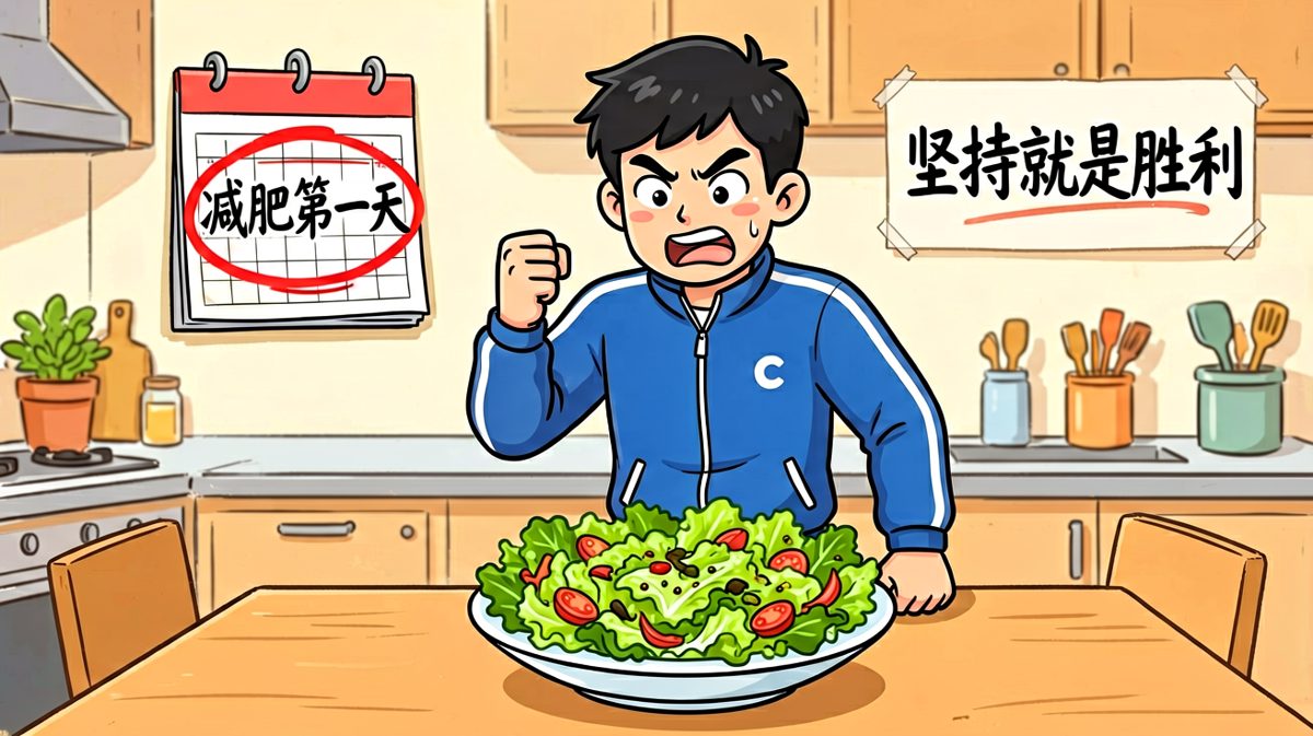 第一天，雄心壮志买沙拉，誓要瘦成一道闪电。